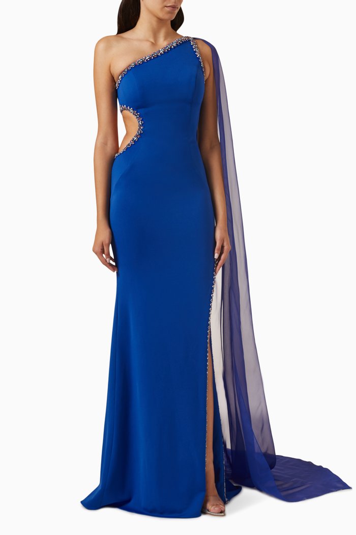 

One-shoulder Cape Gown in Scuba, Blue