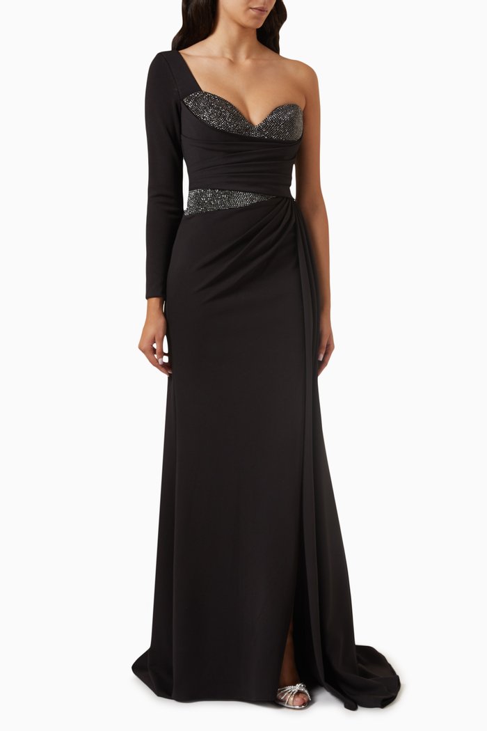 

One-shoulder Sequin-embellished Gown in Crepe, Black