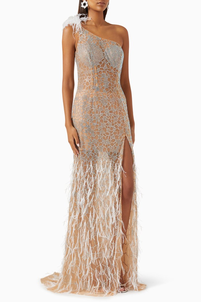 

One-shoulder Sequin-embellished Maxi Dress in Tulle, Neutral
