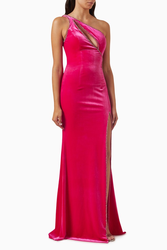 One-shoulder Slit Gown in Velvet, Pink