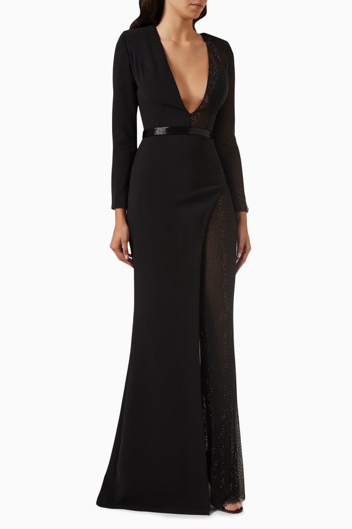 

Crystal Mesh Plunging-neck Jumpsuit, Black