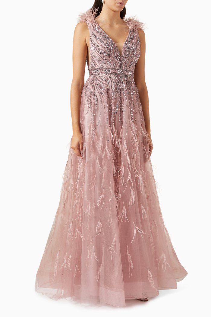 

Feather-embellished Gown in Tulle, Multicolour