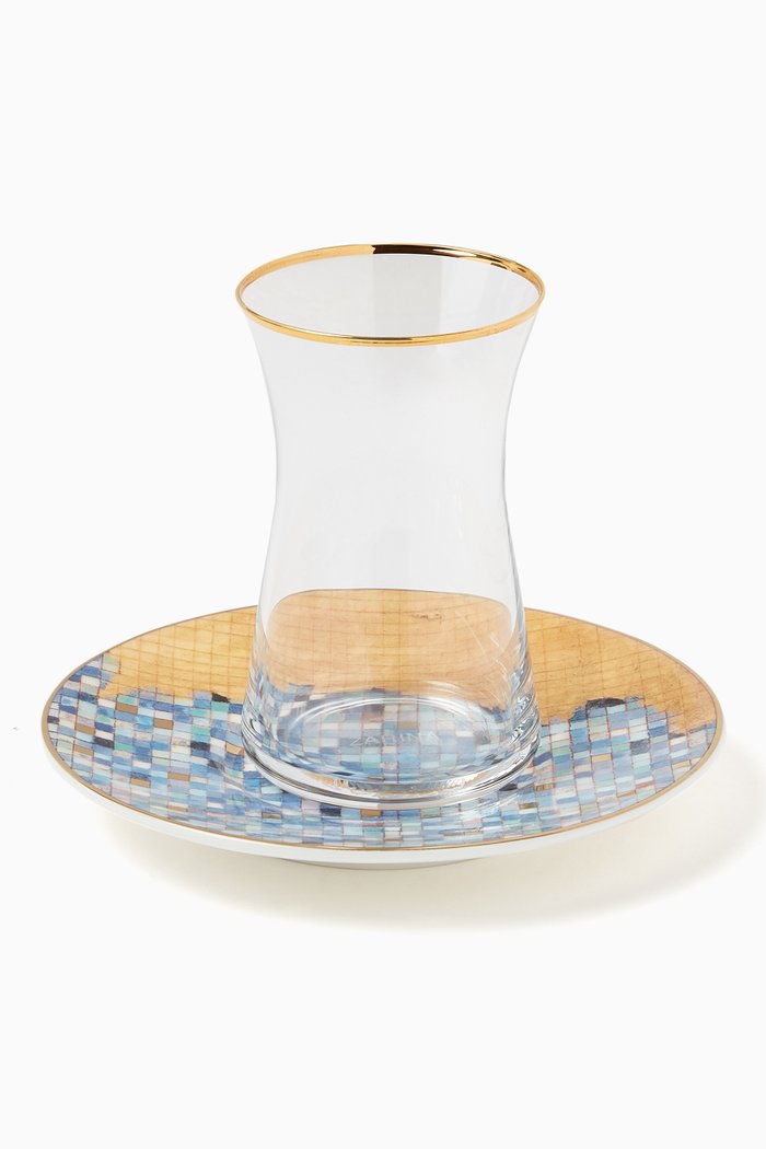 

Istikana Cups with Saucers & Spoons in Porcelain & Glass, Set of 6, Blue