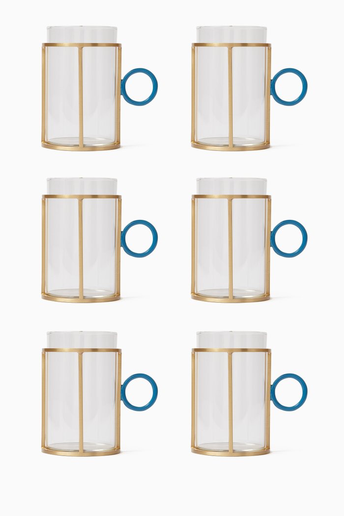 

Istikana Glass Cups & Holder Set in Brass, Blue