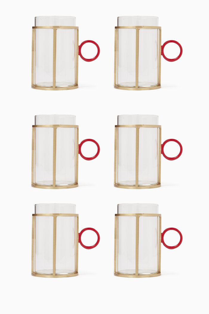 

Istikana Glass Cups & Holder Set in Brass, Red