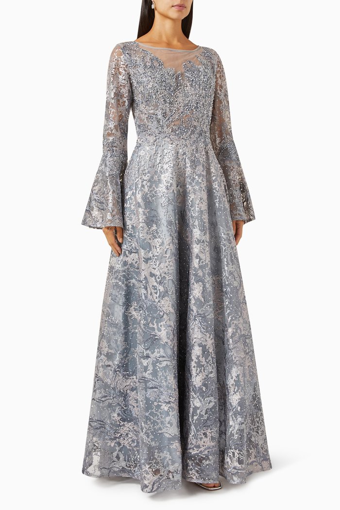 

Illusion Bell-sleeve Gown, Grey