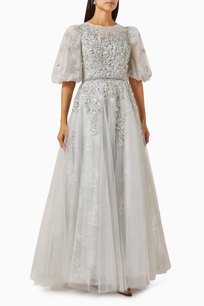 Embellished Puff-sleeve Gown, Silver