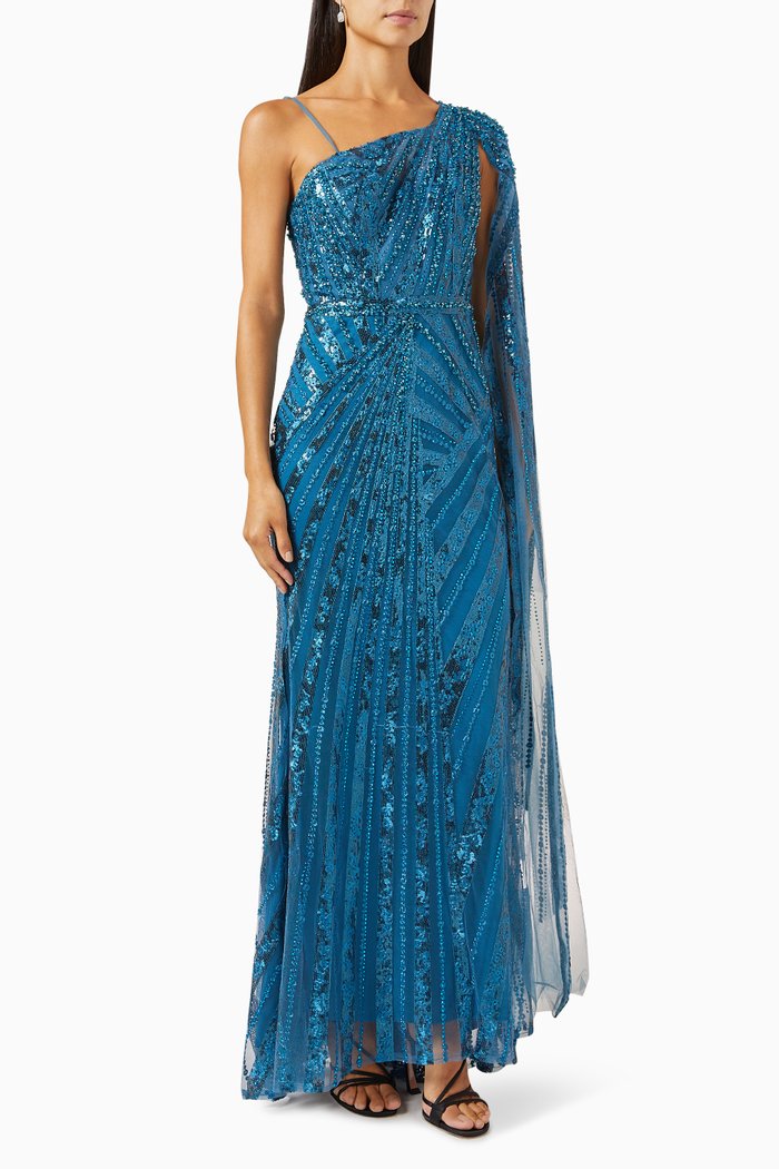 

One-shoulder Cape Gown, Blue