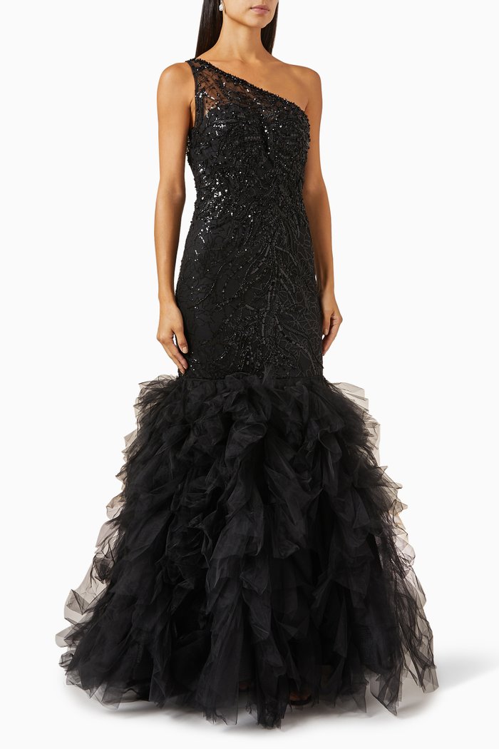 

One-shoulder Mermaid Gown in Tulle, Black