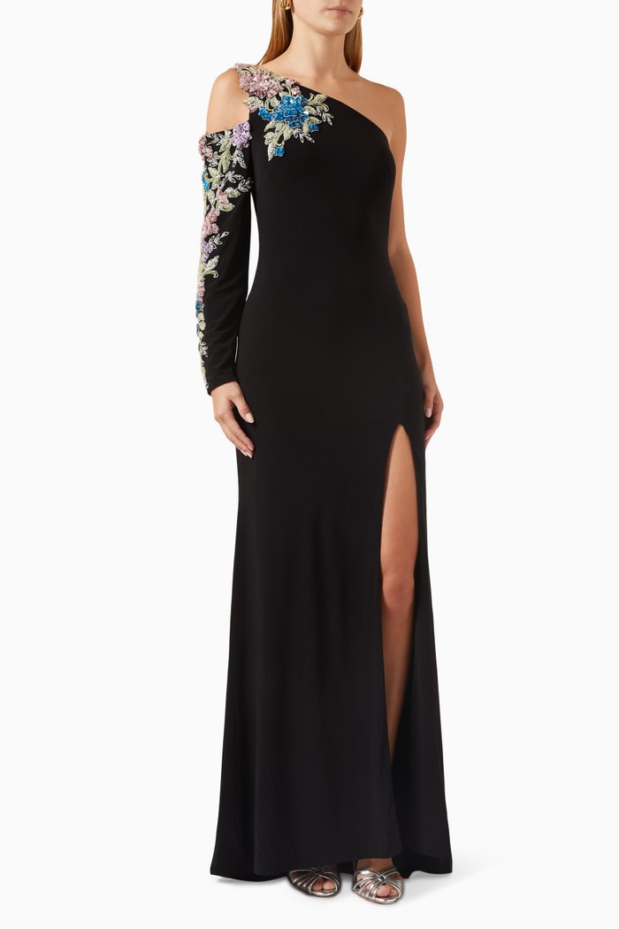 

One-shoulder Embellished Gown, Black