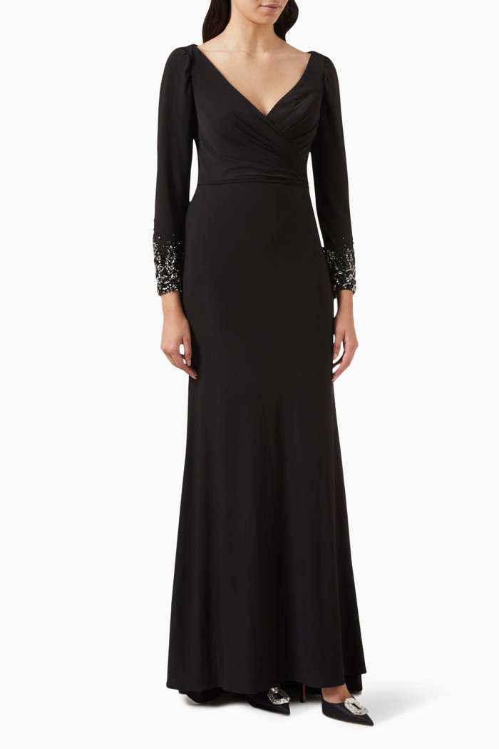 

Beaded-cuff Trumpet Dress in Jersey, Black