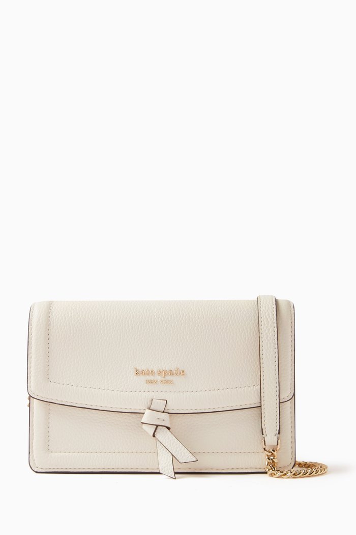 Knott Flap Crossbody Bag in Pebbled Leather, Neutral