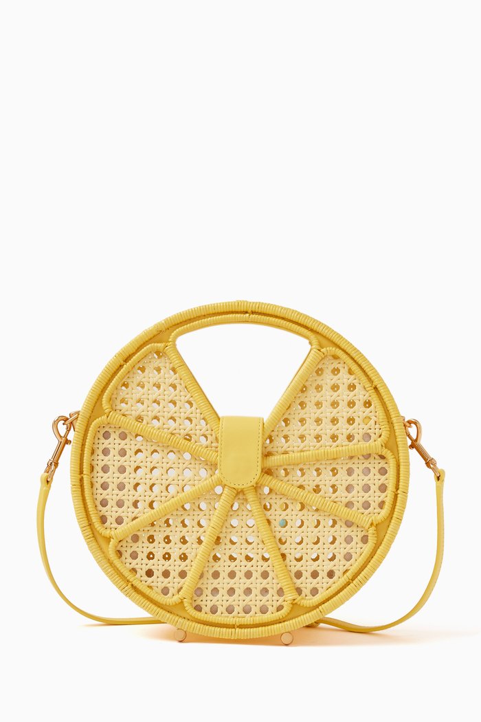 

Lemon Drop Crossbody Bag in Raffia, Yellow