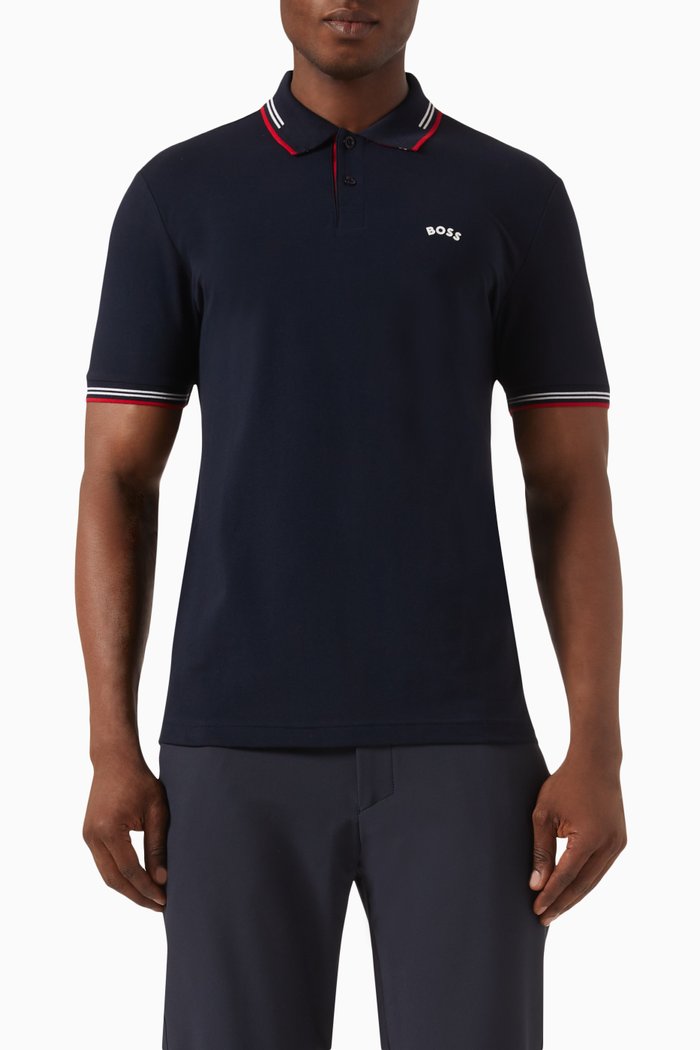 

Curved Logo Tipped Polo in Stretch Cotton Pique, Blue