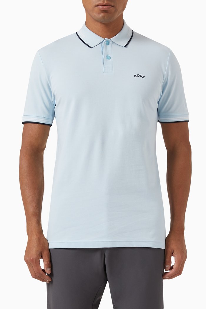 

Curved Logo Tipped Polo in Stretch Cotton Pique, Blue
