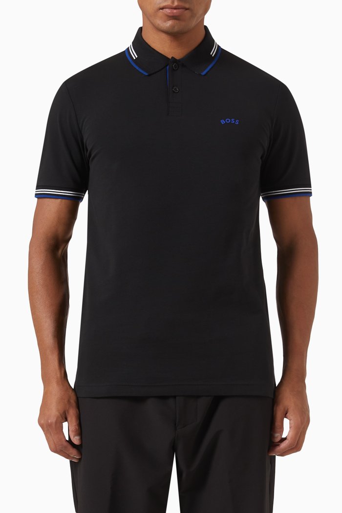 

Curved Logo Tipped Polo in Stretch Cotton Pique, Black