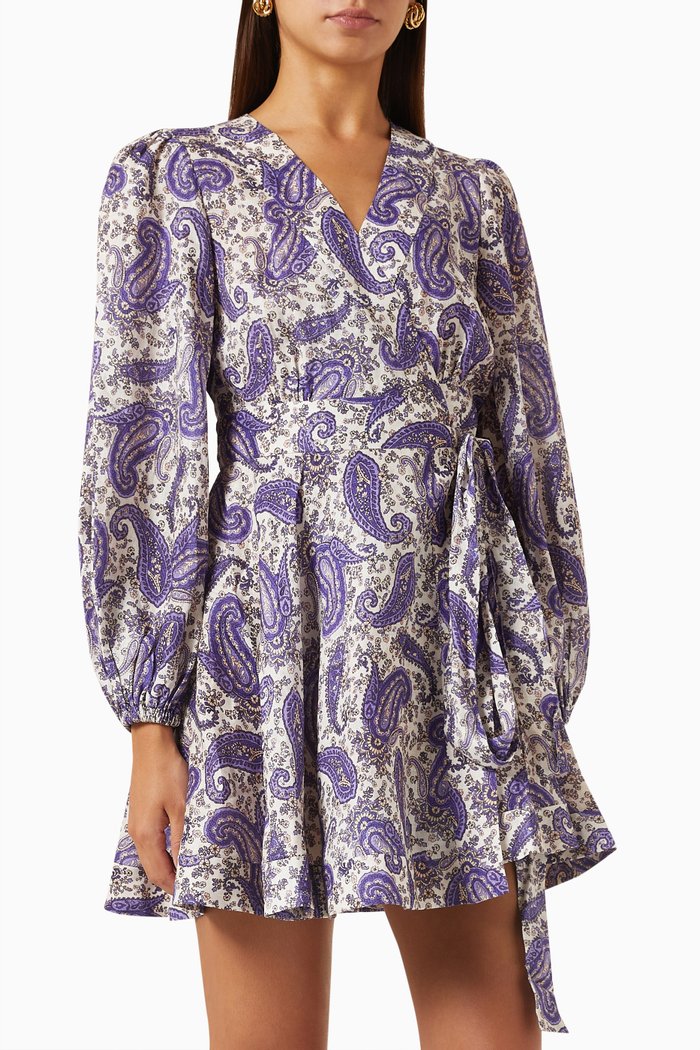 

Devi Mini Wrap Dress in Linen, Blue