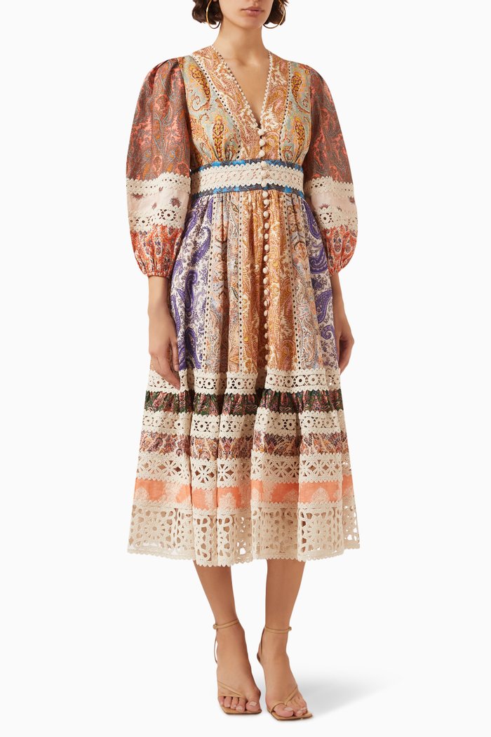 

Devi Trimmed Midi Dress in Linen, Multicolour