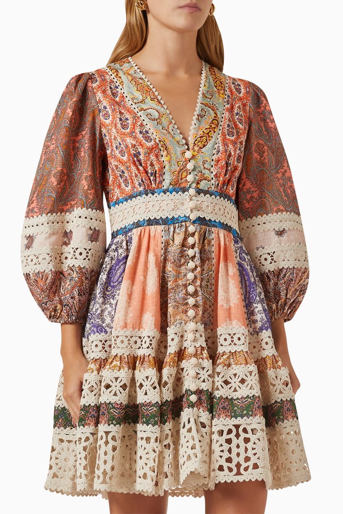 

Devi Spliced Billow Mini Dress in Linen, Multicolour