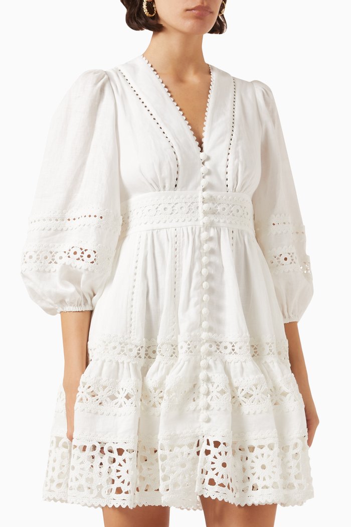 Devi Spliced Billow Mini Dress in Linen, Neutral