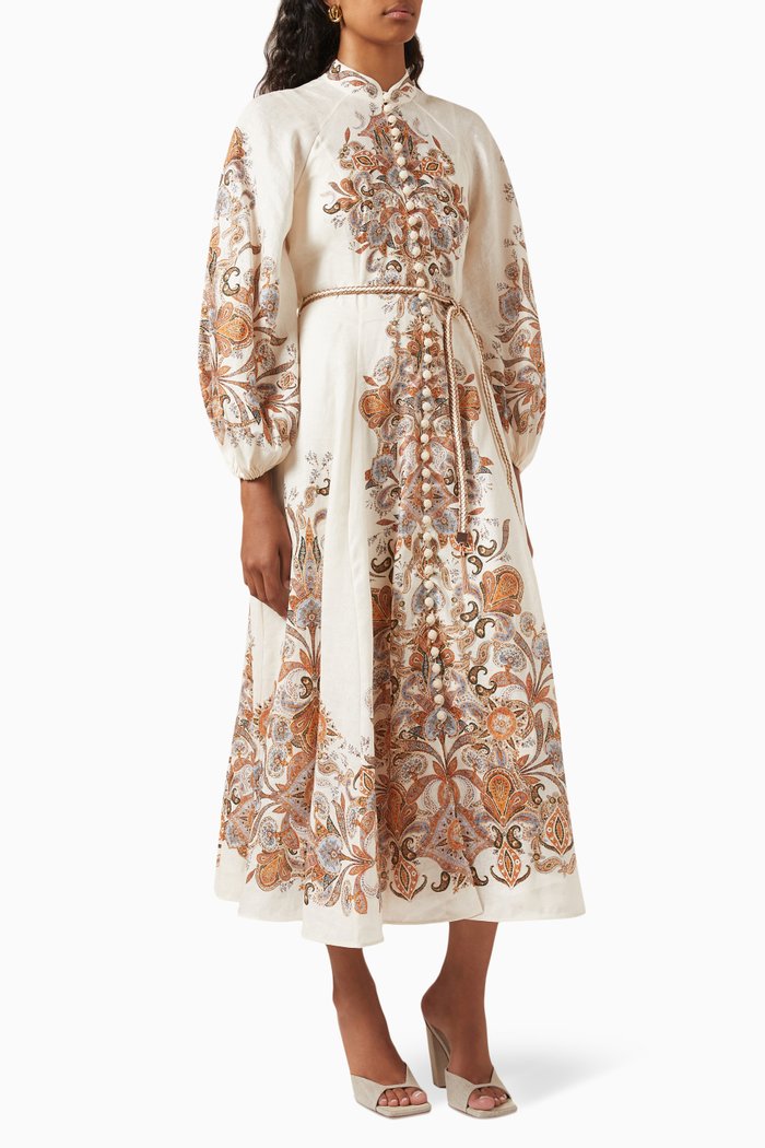 

Devi Paisley-print Midi Dress in Linen, White