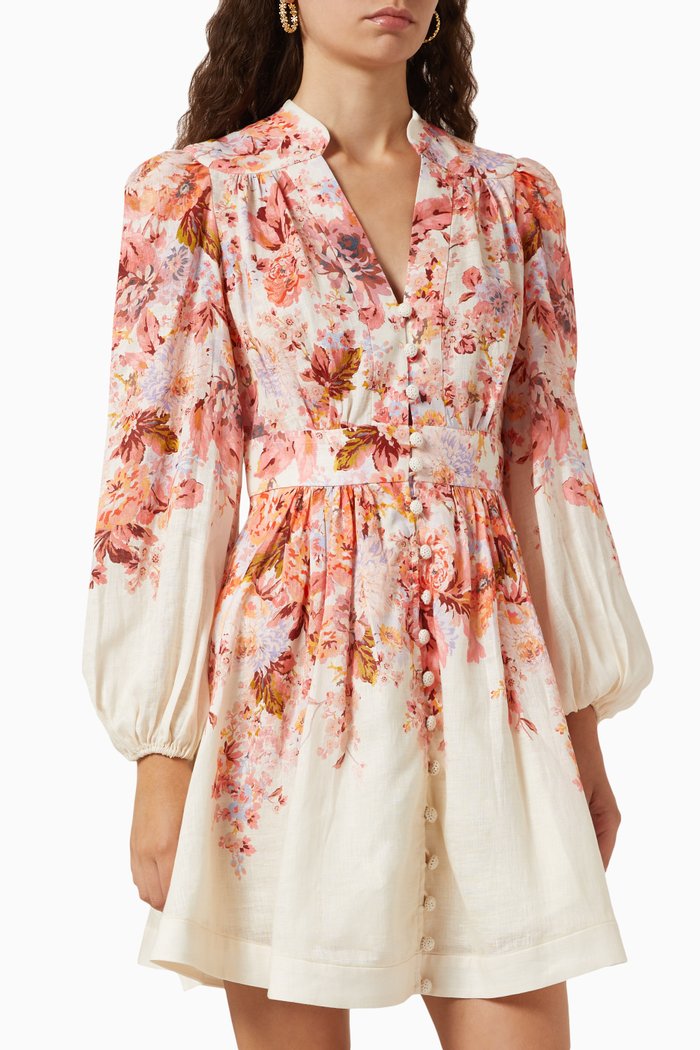 

Devi Plunge Mini Dress in Linen, Multicolour