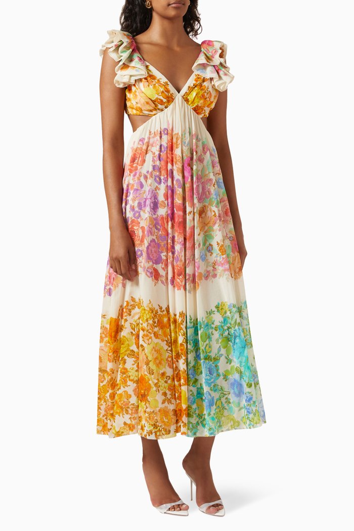 

Raie Frill Midi Dress in Cotton-silk Blend, Multicolour