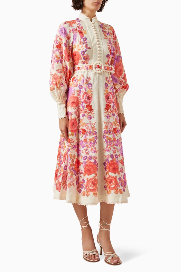 

Raie Floral-print Midi Dress in Linen, Multicolour