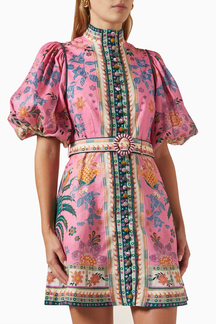 

Ginger Buttoned Mini Dress in Linen, Pink