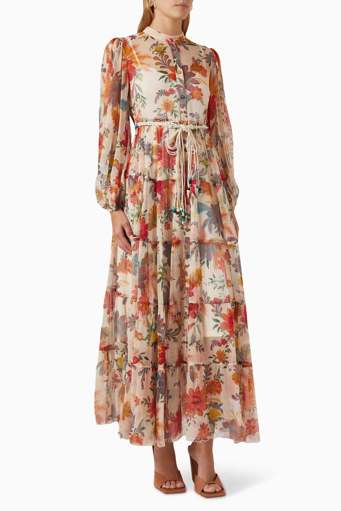 

Ginger Tiered Midi Dress in Silk, Multicolour