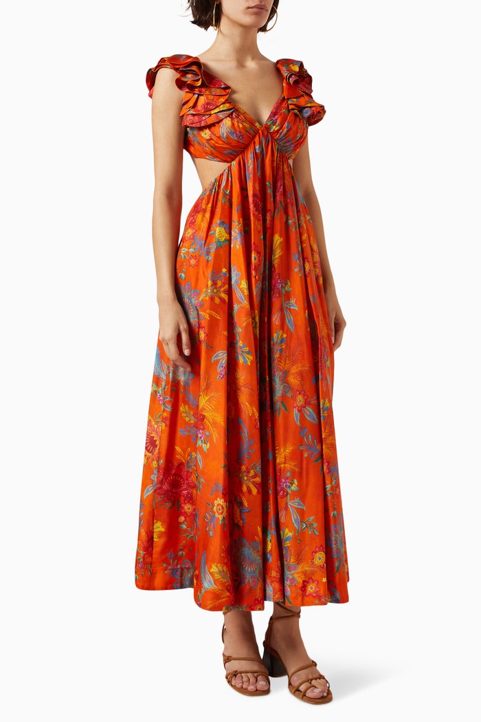 

Ginger Frill Midi Dress in Silk, Orange