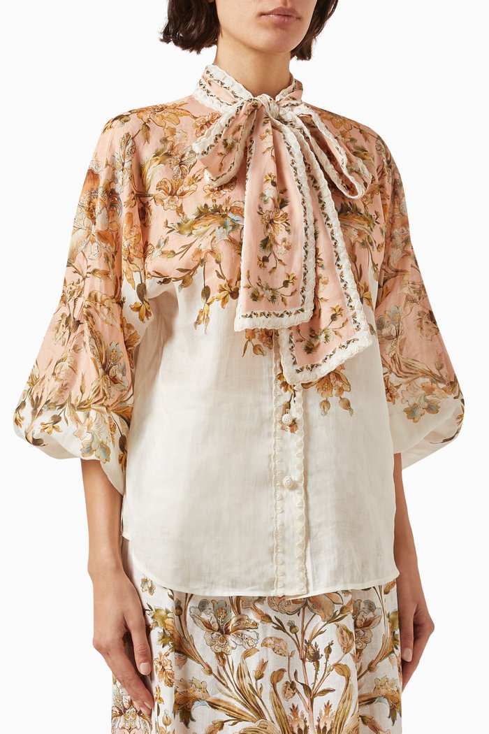

Chintz Tie Neck Top in Linen, Pink