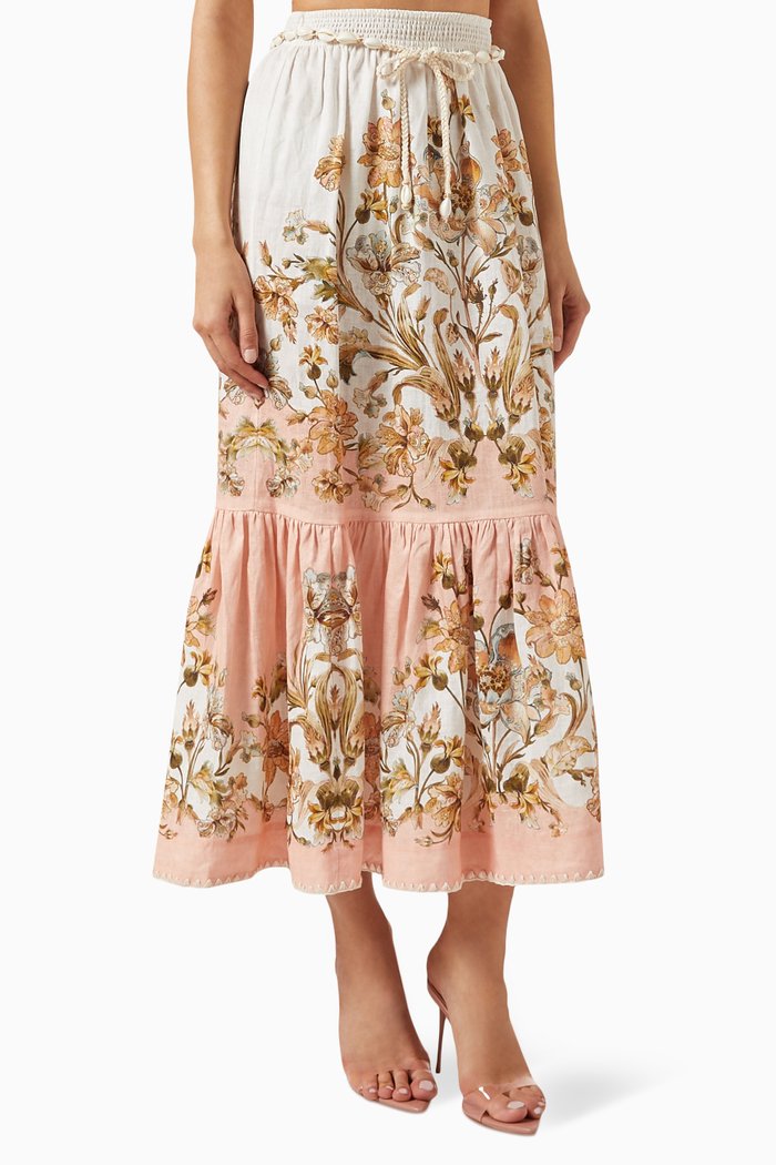 

Chintz Tiered Midi Skirt in Linen, Pink