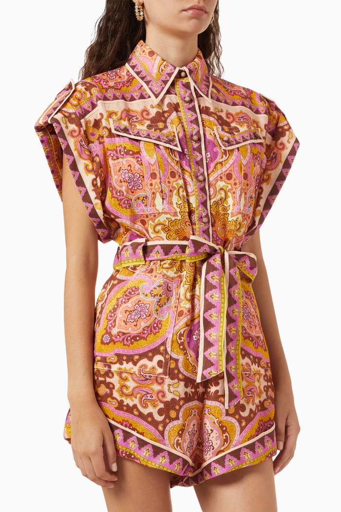 

Halcyon Cuffed Playsuit in Linen, Orange