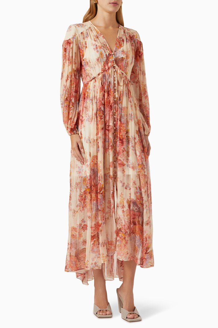

Devi Gathered Yolk Maxi Dress in Silk, Multicolour