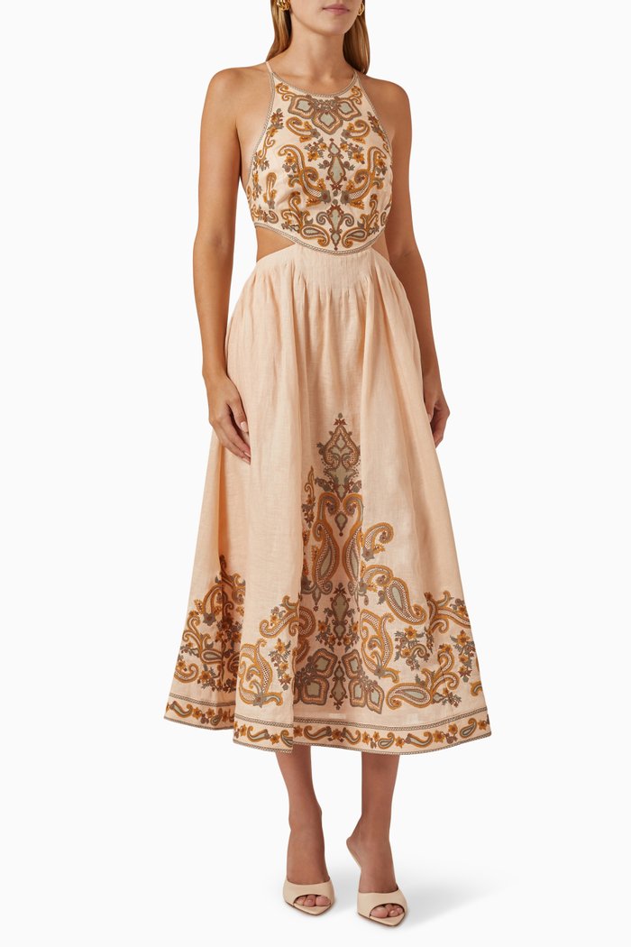 

Devi Halter Tie Midi Dress in Linen, Multicolour