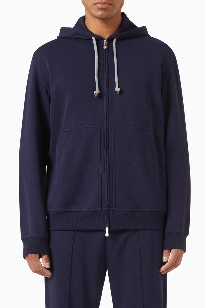 

Hooded Zip Sweatshirt in Techno-cotton French Terry, Blue