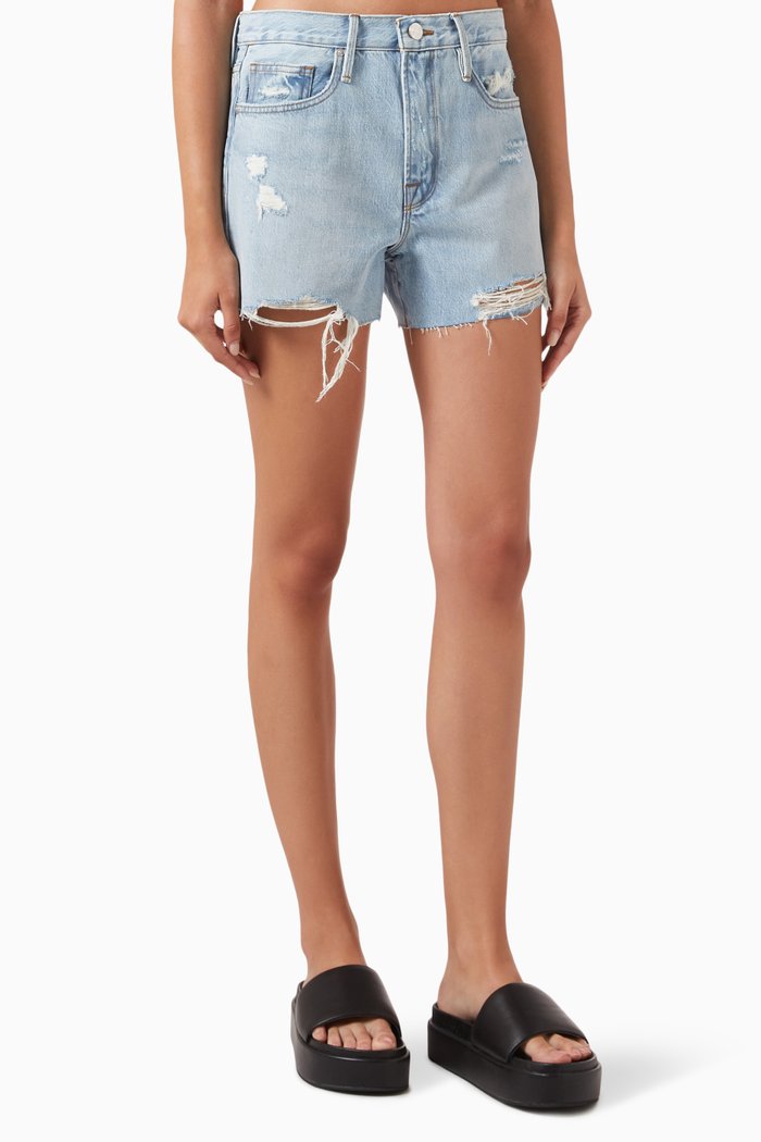 

Le Brigette Raw Edge Shorts in Denim, Blue