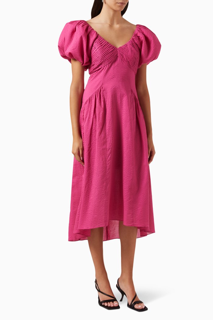 

Puff-sleeve Textured Midi Dress in Cotton, Pink