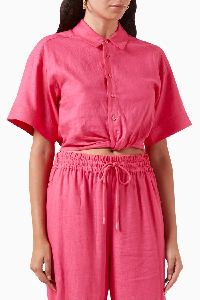 

Cropped Twist Front Shirt in Linen, Pink