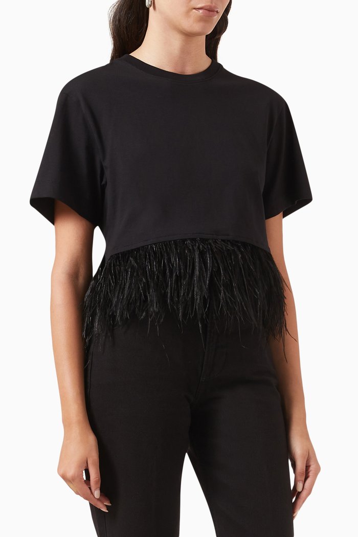 

Cropped Feather T-shirt in Cotton-jersey, Black