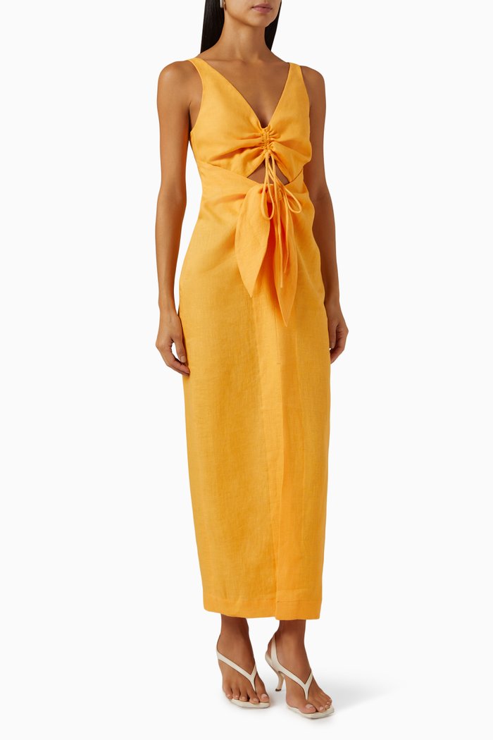 

Kubra Ruched Midi Dress in Linen, Orange