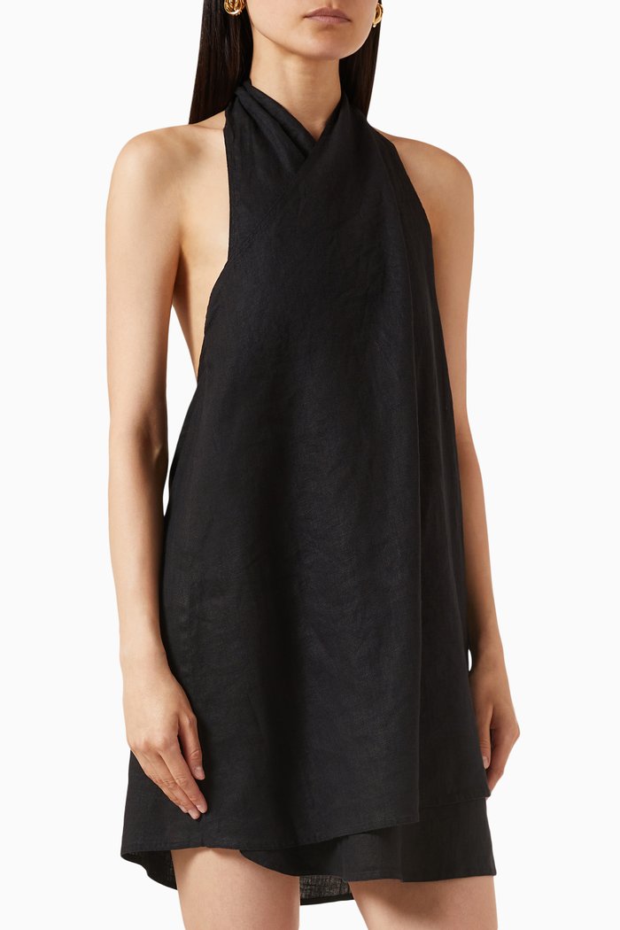Tess Wrap Mini Dress in Linen, Black