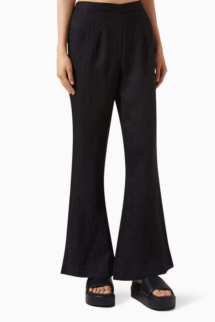 Tia Flared Pants in Linen, Black