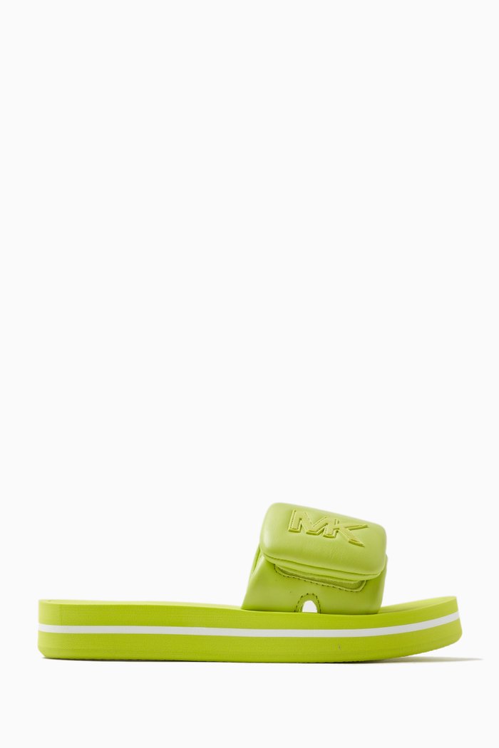 

Platform Slides in Faux Leather, Green