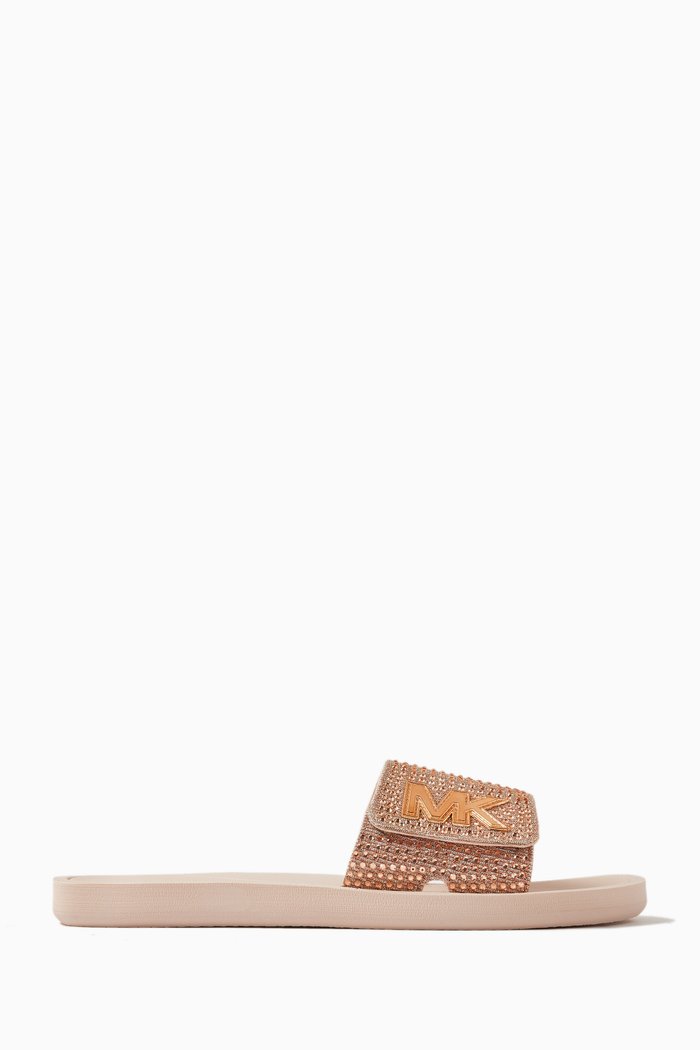

Crystal-embellished Logo Slides in Textile & Rubber, Pink