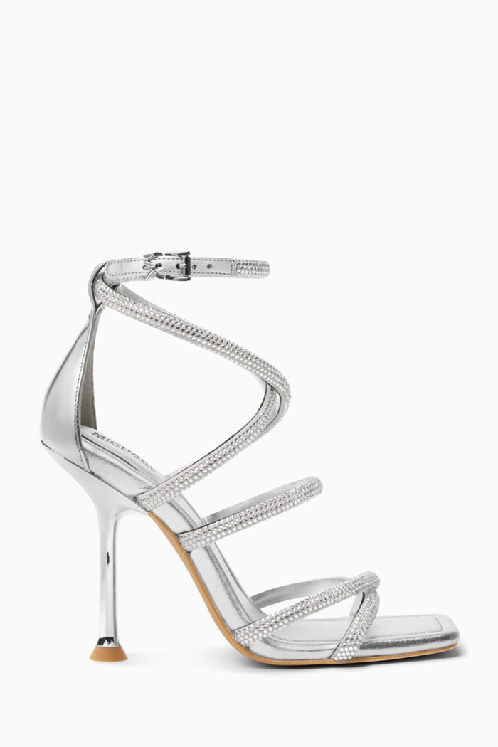 

Imani 100 Embellished Sandals in Metallic Faux Suede, Silver