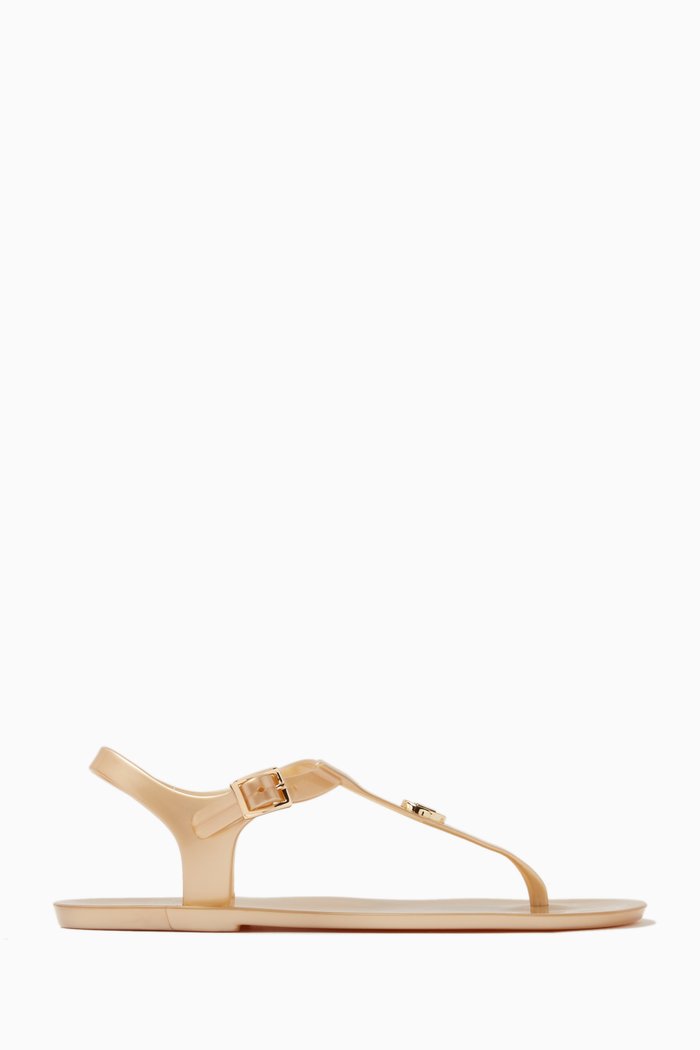 

Mallory T-strap Sandals in Jelly Rubber, Gold