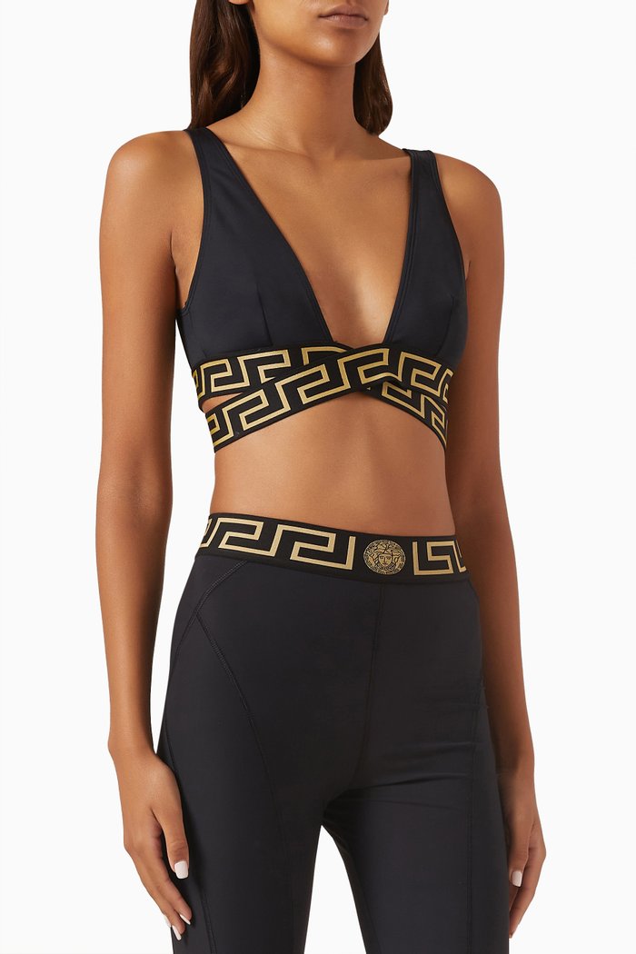 

Greca Border Triangle Bikini Top in Recycled Nylon, Black