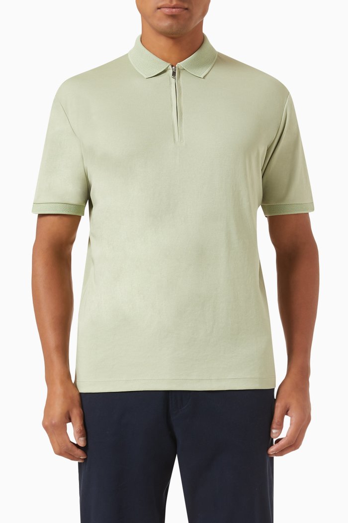 

Quarter-zip Polo Shirt in Mercerised Cotton, Green
